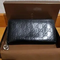 正規品 美品 グッチ GGシマレザー ラウンドファスナー 長財布 ブラック