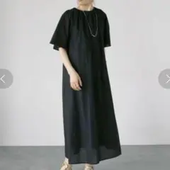 ☆美品☆Lugnoncureリネンブレンドネックキャザーワンピース　ブラック
