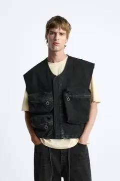 [美品]新品未使用品ZARA ブラックデニムウォッシュベスト フリンジエッジ