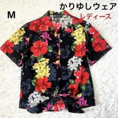 美品！　かりゆしウェア　　ハイビスカス柄　裾リボン　半袖シャツ