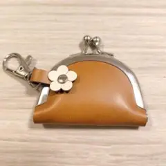 がま口 ミニ キーホルダー 半円 花 キャメル 本革 レザー 財布 小銭入れ