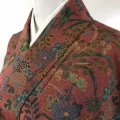 【着】8451f 着物 小紋 縮緬 草花文様 バチ衿