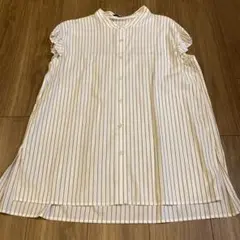 【美品】白×ベージュ　ストライプシャツ　フリル　M