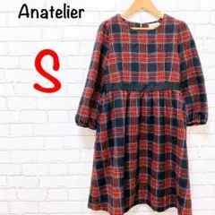 962【Anatelier アナトリエ】ひざ丈ワンピース チェック柄 リボン S