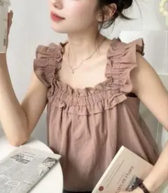 コットンワッシャーフリルショルダーバルーンシルエットノースリーブトップス