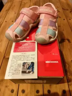【美品、箱付】Miki House ホワイト×ピンク サンダル 15cm
