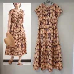 インタープラネット　ラフランス プリント ティアードワンピース　柄ワンピース