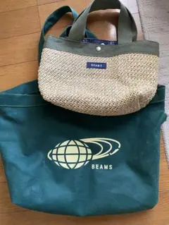 BEAMS ストロー トートバッグ ベージュ/グリーン