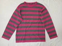 90sレトロ風 ピンク/グレー ストライプ ニット XL
