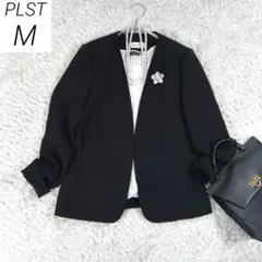 PLST　ノーカラージャケット　トリアセテート　スーツ　通勤　黒　M