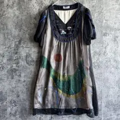 a4155【LAFER】半袖ワンピース シアー素材 鳥イラスト 刺繍 個性的