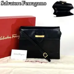 フェラガモ ショルダーバッグ 斜め掛け ゴールド金具 オールレザー ブラック