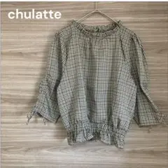 chulatte 【M】グレンチェック柄 7分袖 ブラウス フリル リボン絞り袖