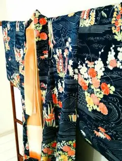正絹 和柄 和文様 花 藍 着物