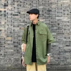 メンズ　シャツ　カーキ　ダブルポケット　オーバーサイズ 　韓国　ストリート