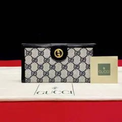 極 美品 オールドグッチ GGロゴ 金具 総柄 レザー 二つ折り 長財布 紺