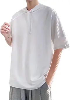 ★Tシャツ★五分袖★カジュアルオーバーサイズ★フード付き★白★M★