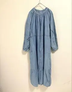 ロングシャツワンピース 前開き　長袖　コットン100% 綿　ウエスト絞り　F