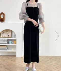abitokyo 異素材シアーキャンディスリーブロングワンピース　M グレー