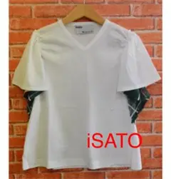 値下げ★イサト　チェック切り替えTシャツ