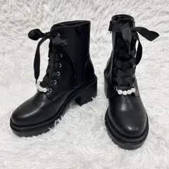 美品 axes femme パールチャーム付ミドルブーツ S 厚底 レースアップ
