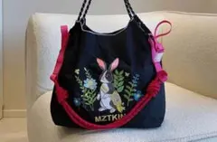 【新品・新作】ストラップ付き　ウサギ刺繍エコバッグ 黒 赤　ショルダー