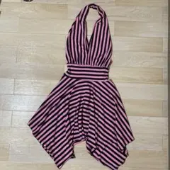 ピンクと黒のストライプ ノースリーブワンピース