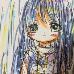手描きイラスト。イラストボード。雨の中泣いている女の子
