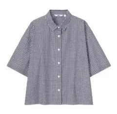 未使用　ユニクロ　五分袖　コットン　シャツ　XL　ネイビー　チェック