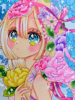 オリジナル手描きイラスト原画「花に染まる」