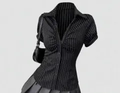 SHEIN レトロアメリカンスタイルストライプ黒白カラー半袖クロップ