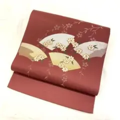 〔6348〕着物 名古屋帯 名古屋仕立て 扇 ピンク 346㎝