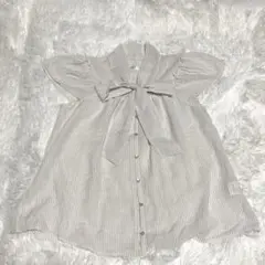 美品☆ ボウタイ ブラウス ストライプ フリル袖 パールボタン M 薄手