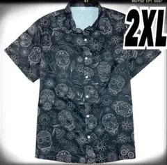 メンズ大きいサイズ　スカル柄　2XL ドクロ総柄黒半袖　花　ブラック(403)