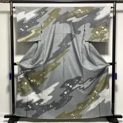 D409 訪問着　紬　絞り　花模様　正絹　着物　袷　　しつけ糸付き未使用極美品