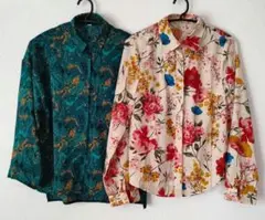 レオパード柄 緑の長袖シャツ　花柄　柄シャツ
