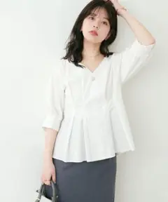 【natural couture】osonoタックデザインペプラム5分袖ブラウス