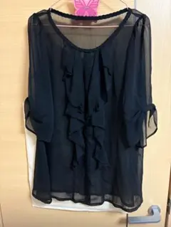 黒 シフォン 五分袖 フリルチュニック