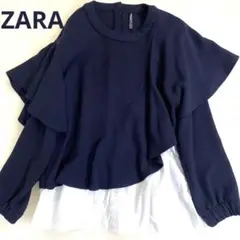 ZARA ネイビー レイヤード トップス　シャツ　ドッキング　秋物