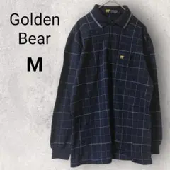 ゴールデンベア メンズ 長袖 ポロシャツ M ネイビー チェック 綿 100%