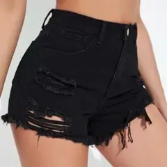 ブラックデニム ハイウエストショートパンツ