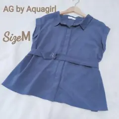 【AG by Aquagirl】ベルト付き　開襟ブラウス　シャツ　くすみブルーМ
