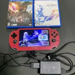PS Vita 赤 本体 + ゲームソフト2本　純正充電ケーブル　64GBメモリ