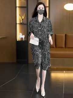 折り衿 プリント シャツワンピース おしゃれ度高め 体型をカバー 大人