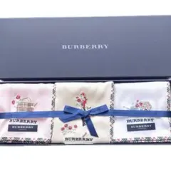 バーバリー BURBERRY ハンカチ 3枚 刺繍 箱＆リボン付 ガーデニング柄