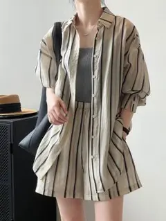セットアップ上下 ストライプ柄 薄手 ブラウス ショートパンツ ハイウエスト
