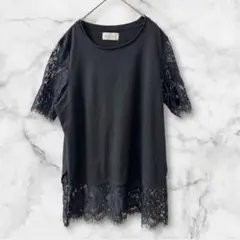 Arte Soie レースディテール 半袖 Tシャツ ブラック Aライン