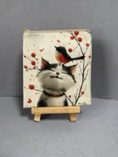 ハンドメイド フラットポーチ 両面パネル 笑顔猫 小鳥