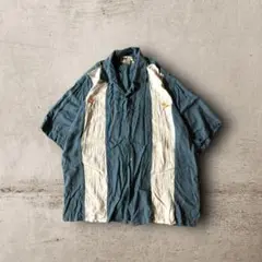 USA古着vintageツートンアロハシャツ100%シルク半袖開襟刺繍ブルーXL