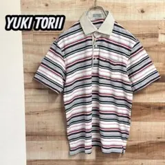 YUKITORII （ユキトリイ）刺繍ロゴ入り半袖ポロシャツ 薄手M ボーダー柄